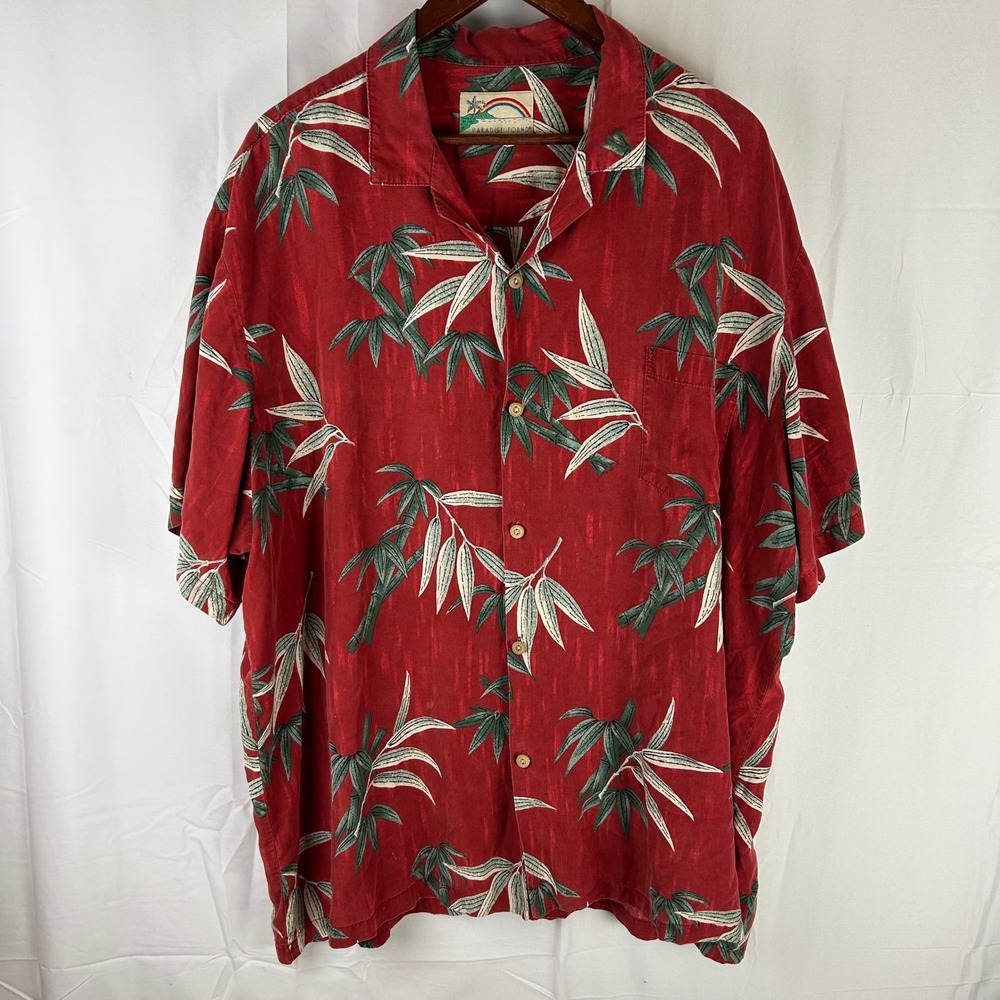 Paradise Found Hawaiian Shirt Mens‎ 3XL Red Bamboo Leaf Print Button Down Aloha